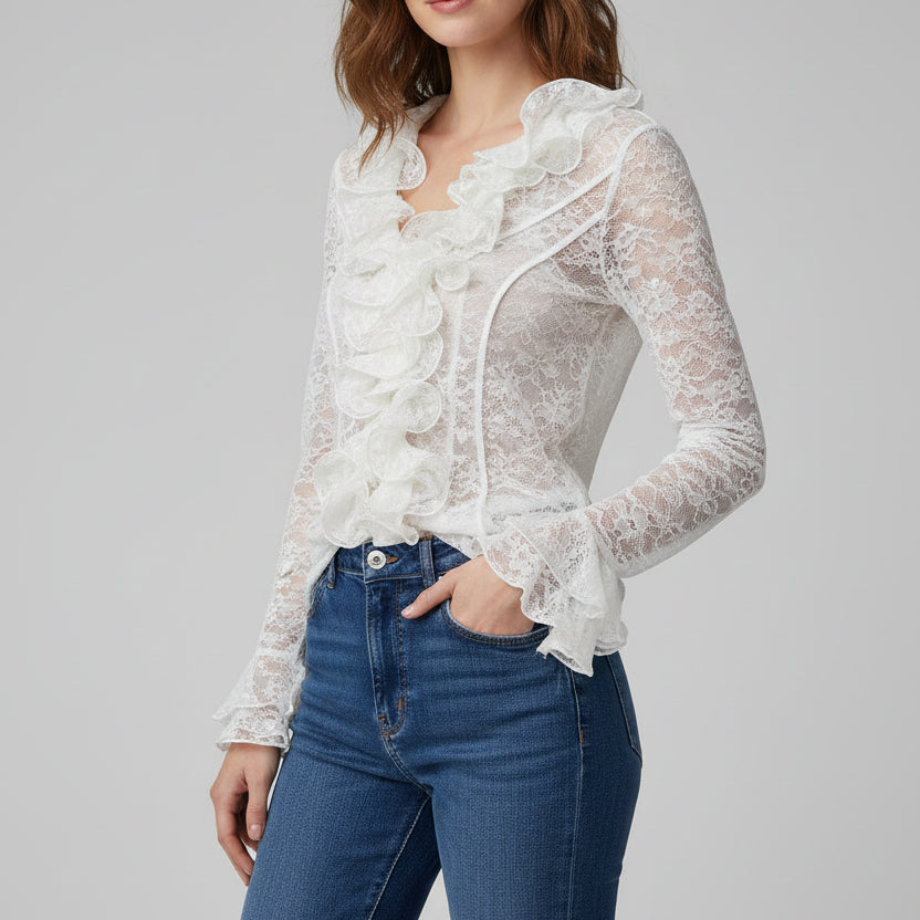Jessica Bara Veraya Ruffle Lace See Through Long Sleeve Top