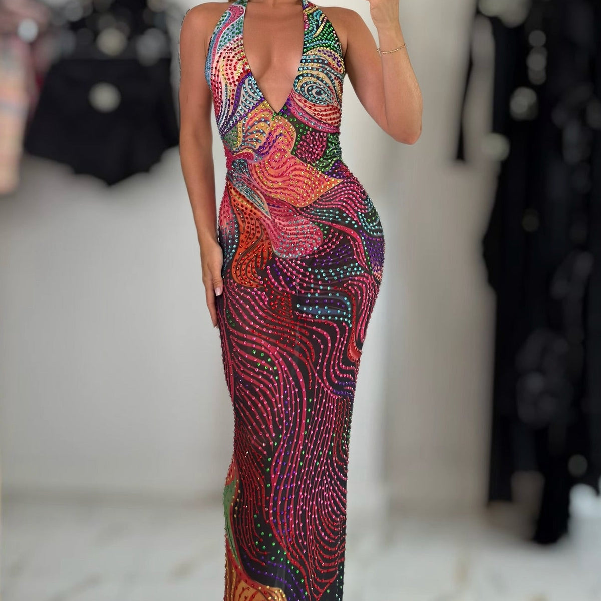 Jessica Bara Verizla Crystal Printed Halter Neck Gown