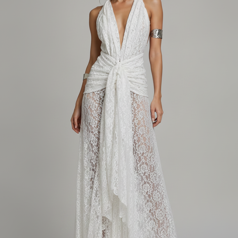 Jessica Bara Vesmel Lace Halter Maxi Dress