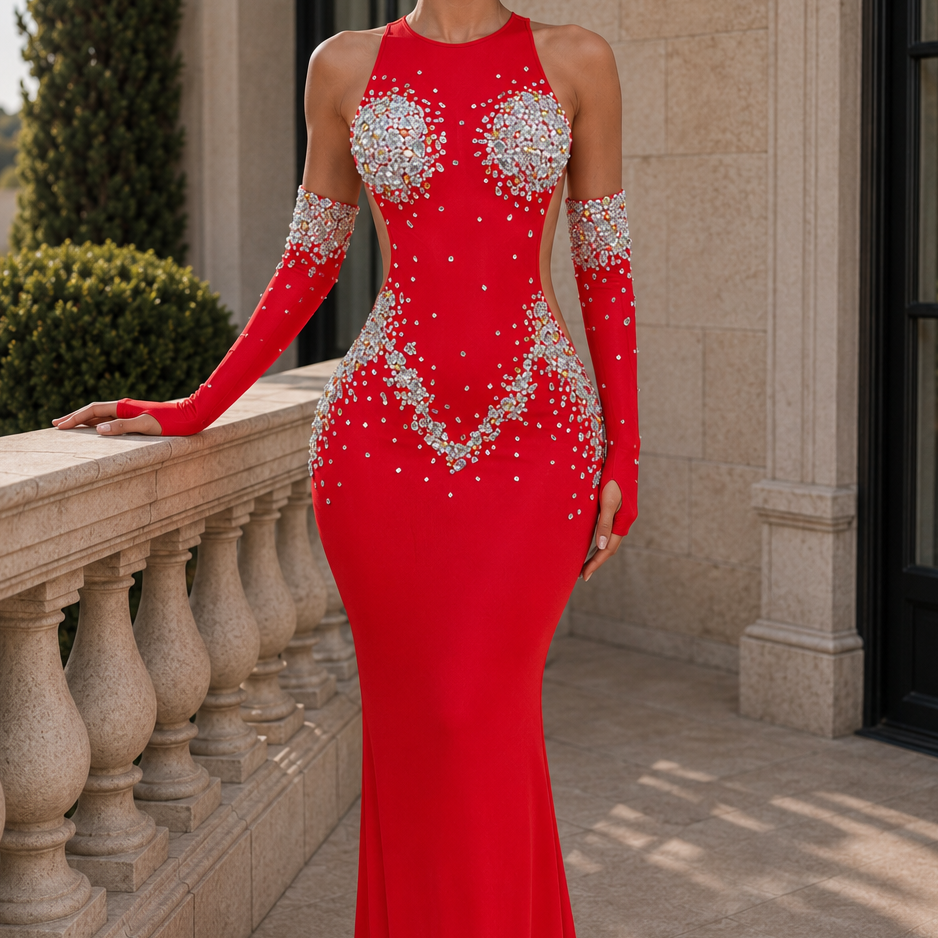Jessica Bara Vex Crystal Cut Out Slit Gown with Gloves
