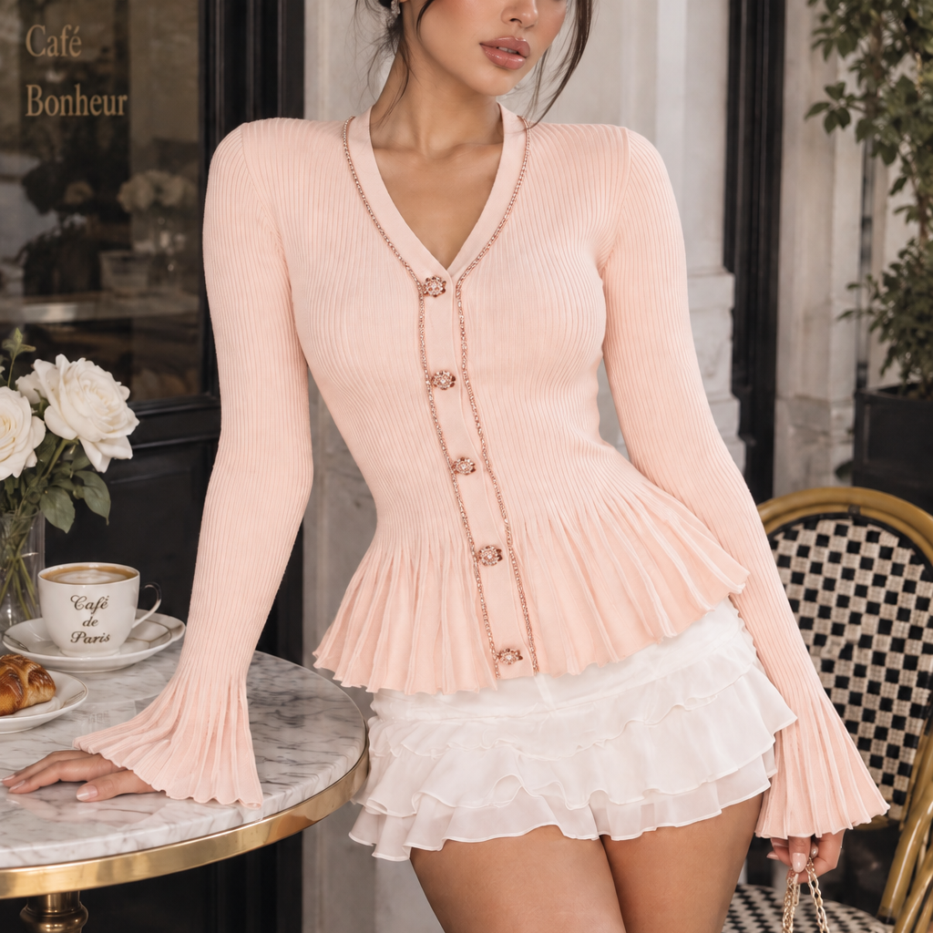 Jessica Bara Wynsie Knit Crystal Button Peplum Top