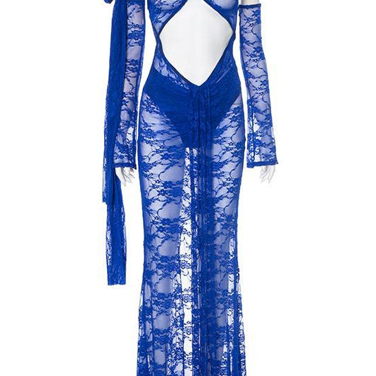 Jessica Bara Xani Lace Cut Out See Through Maxi Dress and Bottom Set with Sleeves