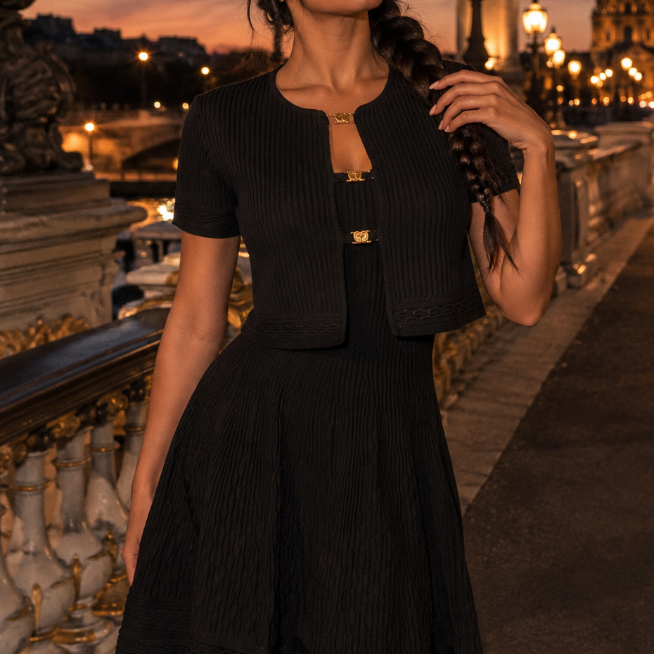 Jessica Bara Xenia Knit Gold Button Cardigan and Midi Dress Two Piece Set