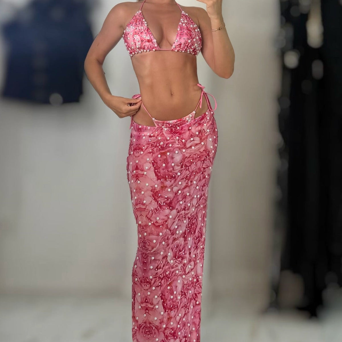 Jessica Bara Yasami Pearl Beaded Bikini Set and Maxi Skirt Cover Up
