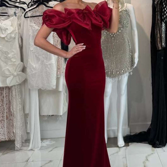 Jessica Bara Zayera Ruffle Velvet Off The Shoulder Gown