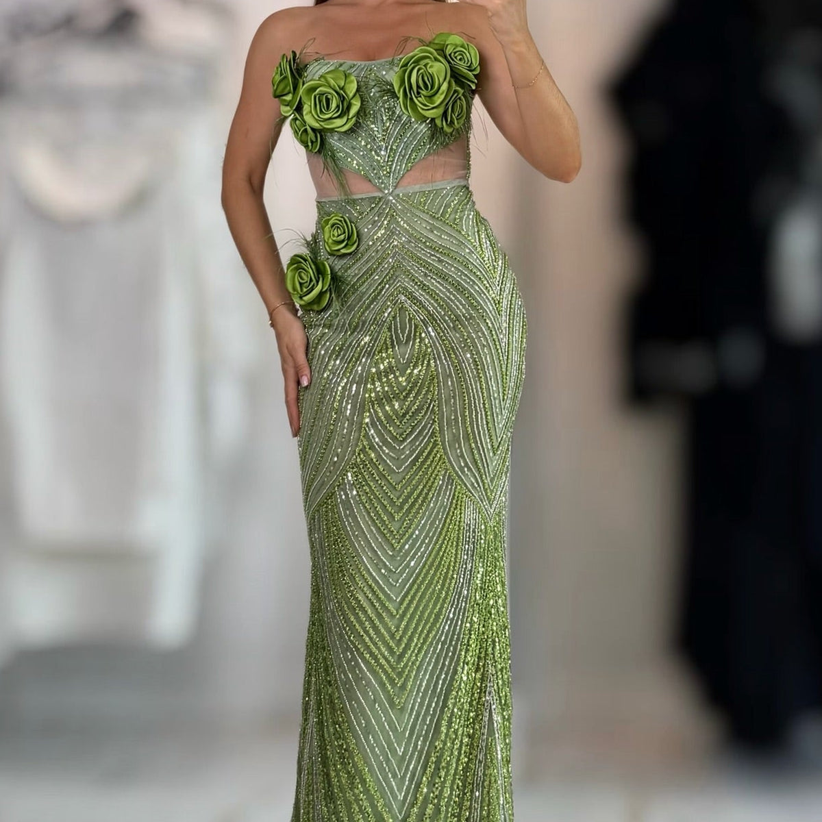 Jessica Bara Zefrana Strapless Tube Beaded Flower Gown