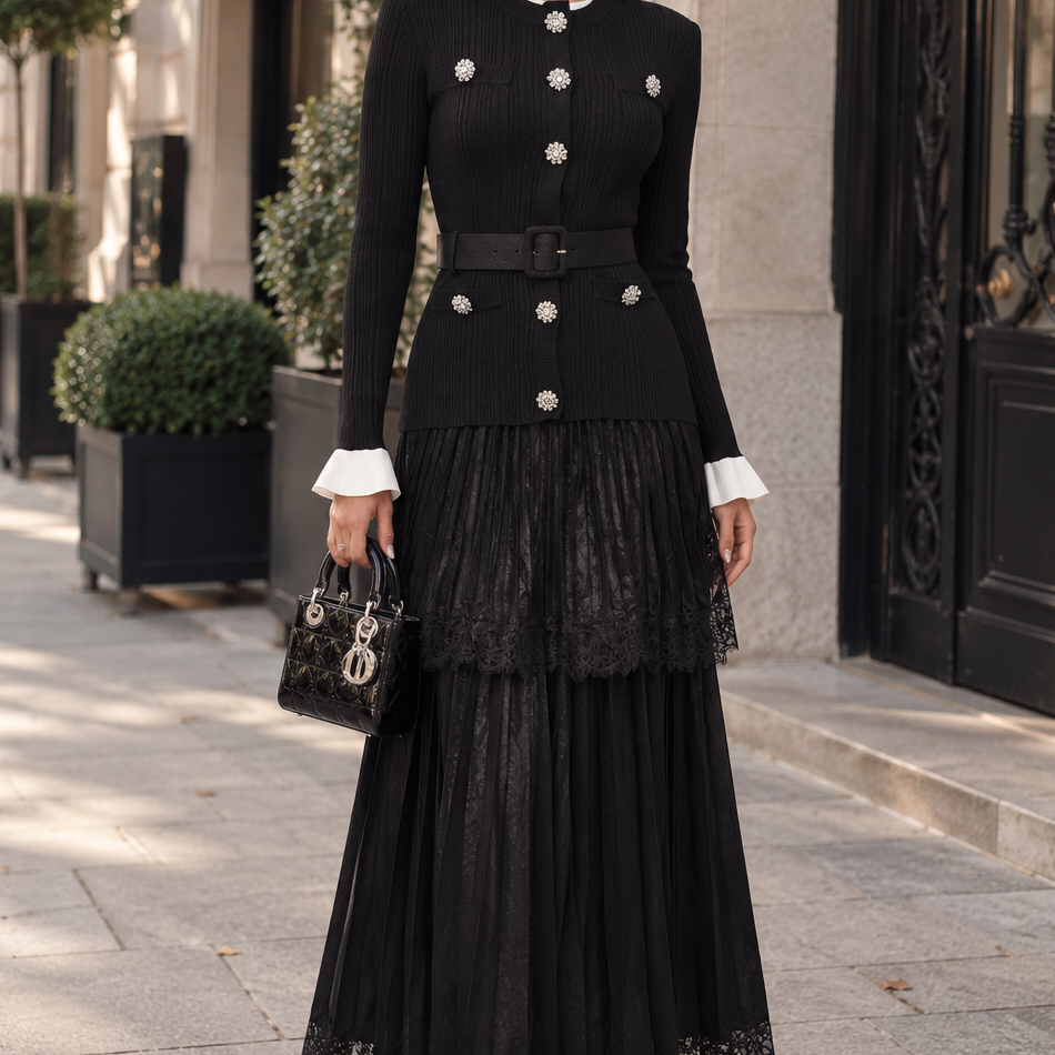 Jessica Bara Zenvy Knit Belted Long Sleeve Lace Maxi Dress