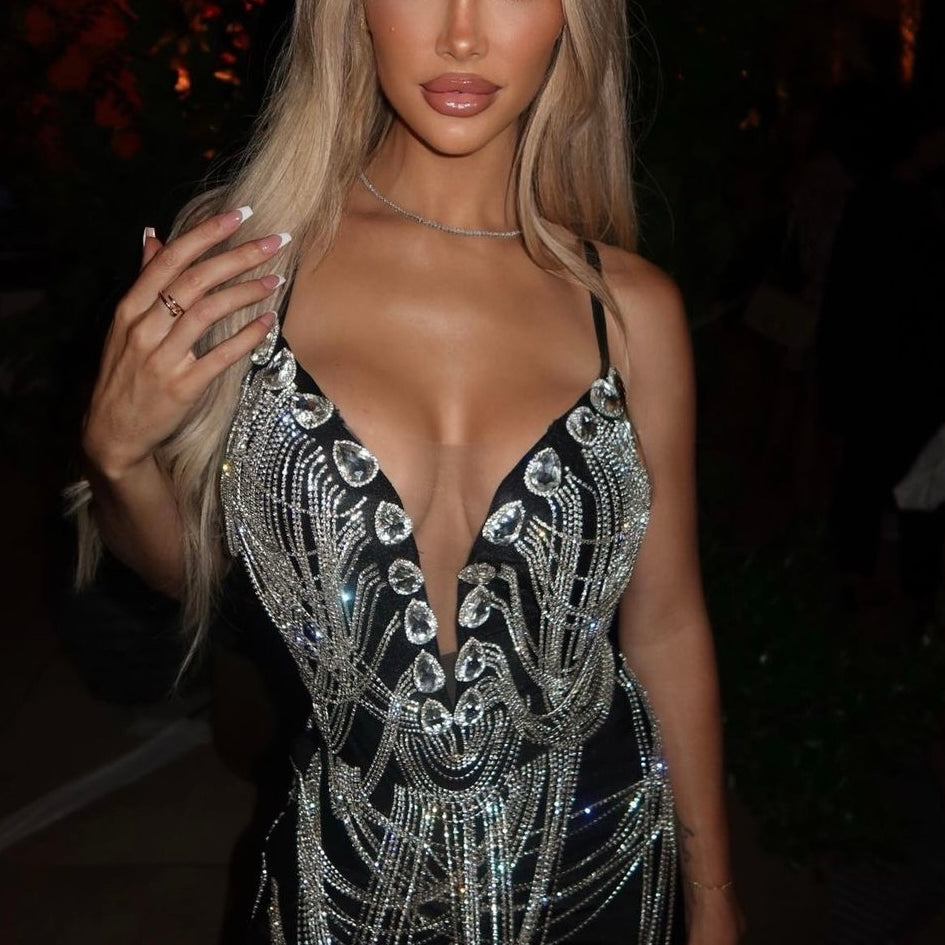Jessica Bara Zuri Rhinestone Chain Mini Dress