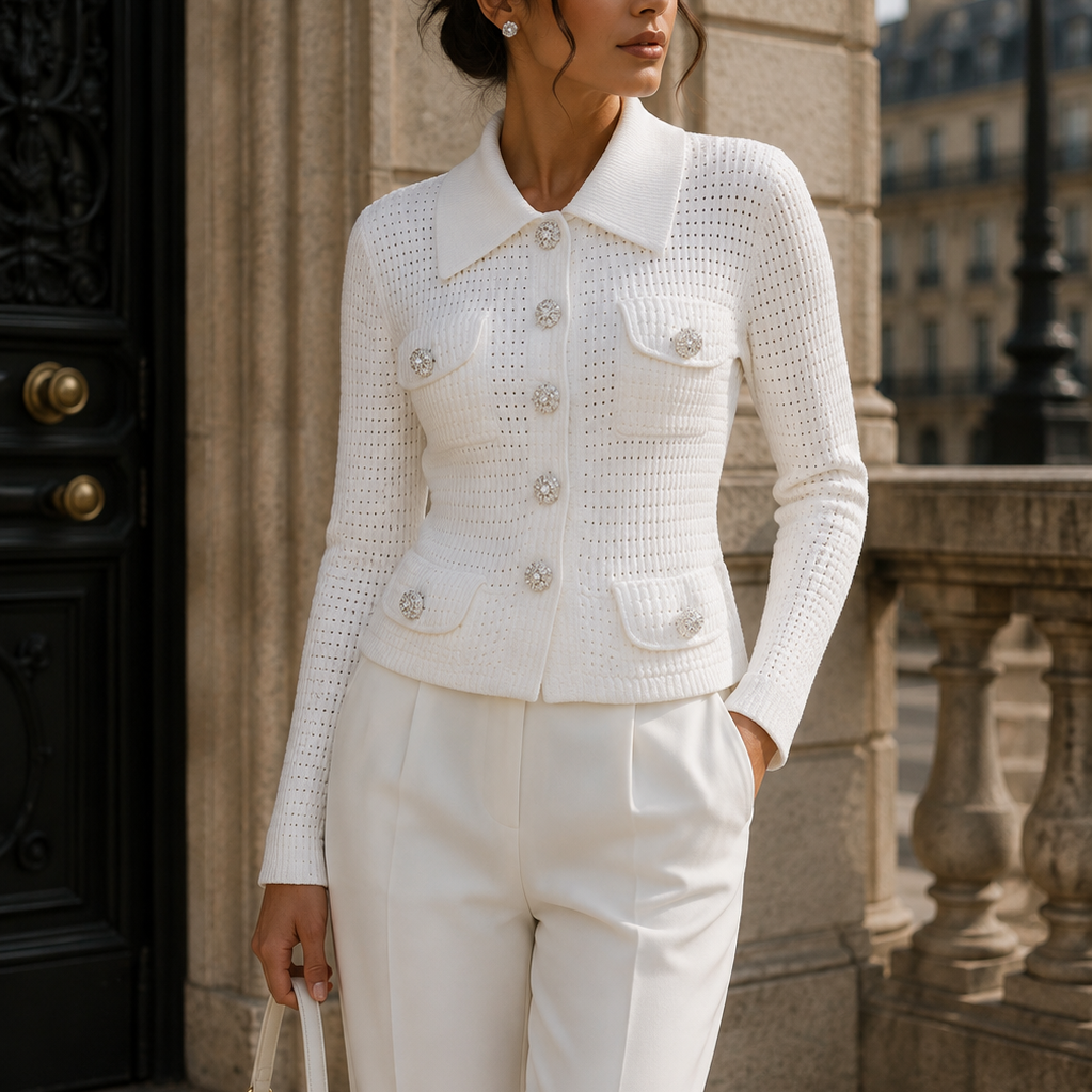 Jessica Bara Katmeza Knit Collared Long Sleeve Top