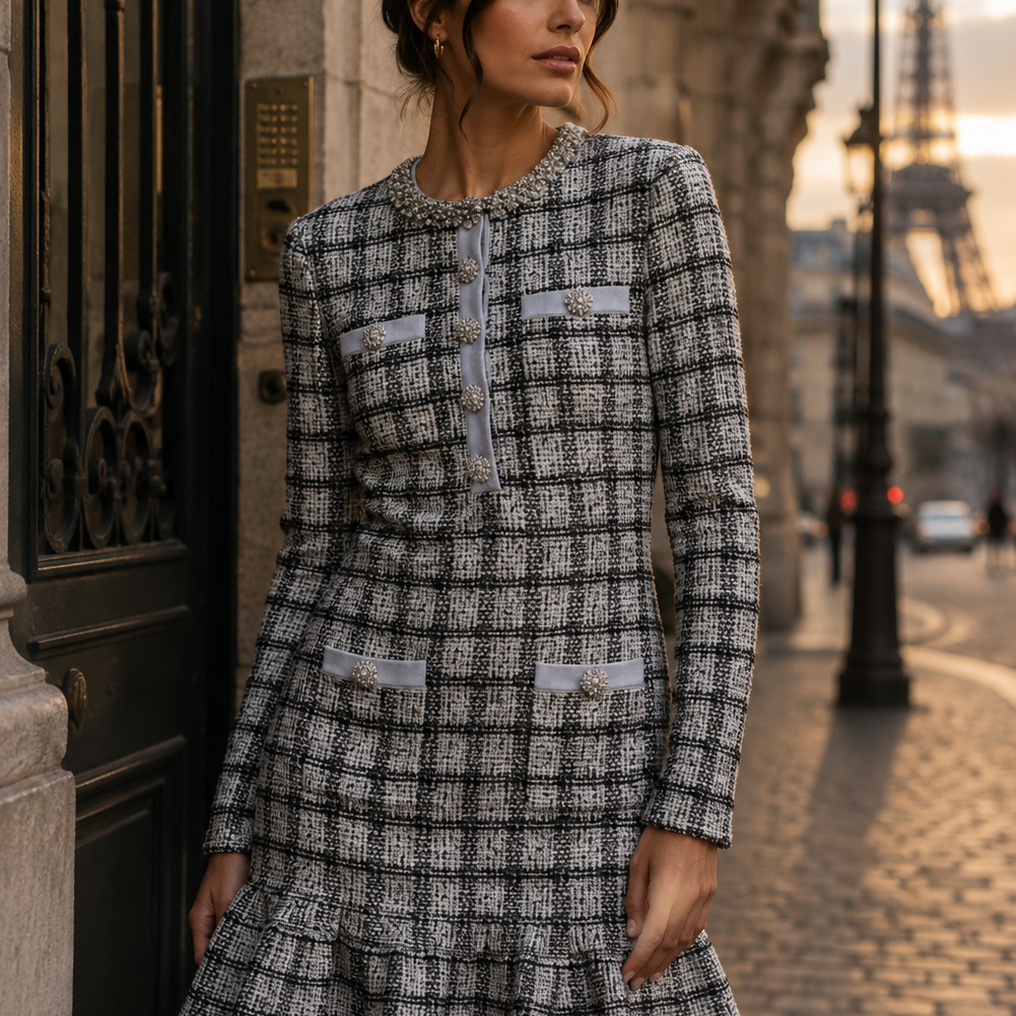 Jessica Bara Kiri Tweed Long Sleeve Mini Dress