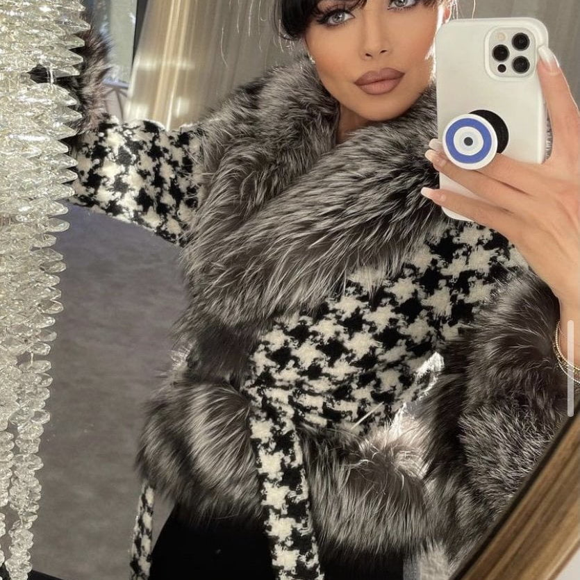 Jessica Bara Brody Houndstooth Fur Belted Coat As Seen On Leyla Milani