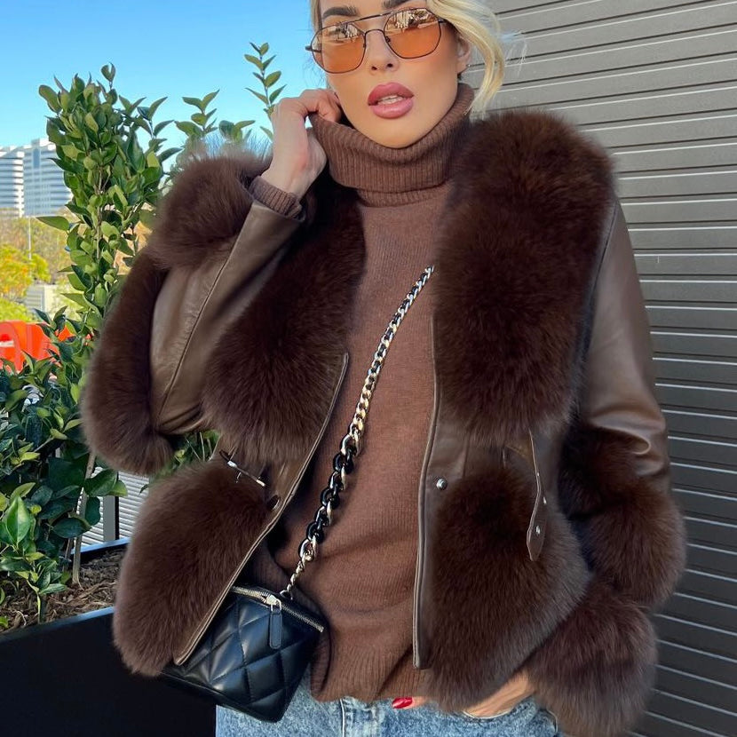 Jessica Bara Oksana Leather Fur Belted Coat