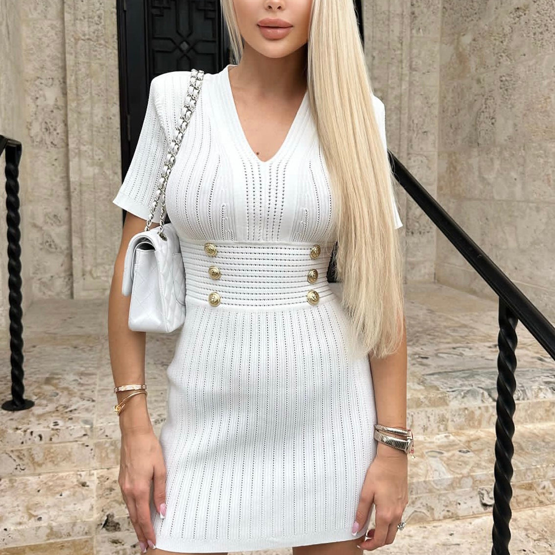 Jessica Bara Carolyn Gold Button Short Sleeve Mini Dress As Seen On Sylwia Graff