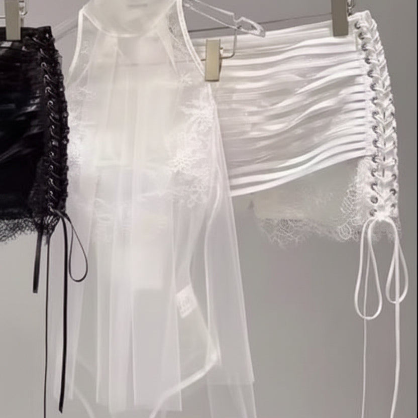 Jessica Bara Veil Ruched Bodysuit and Mini Skirt Set