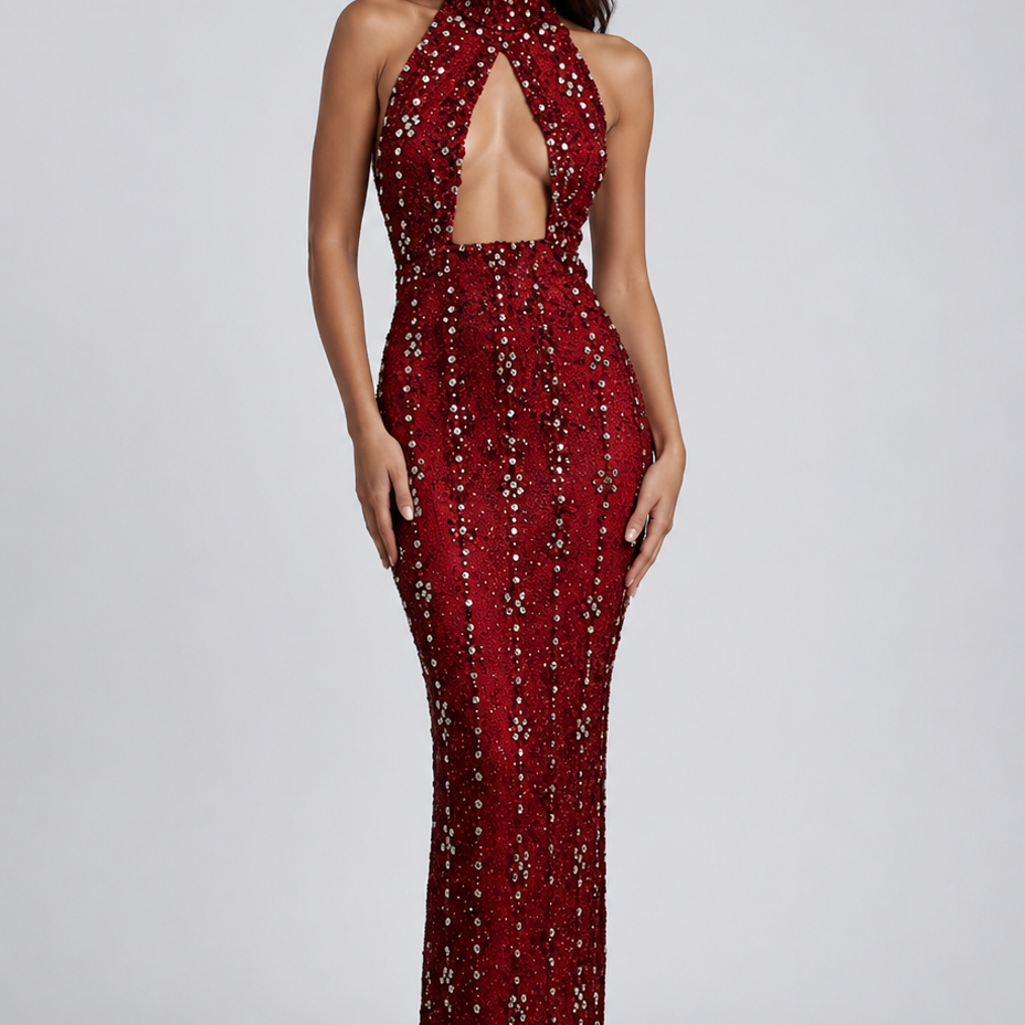 Jessica Bara Zaishi Beaded Halter Cut Out Gown