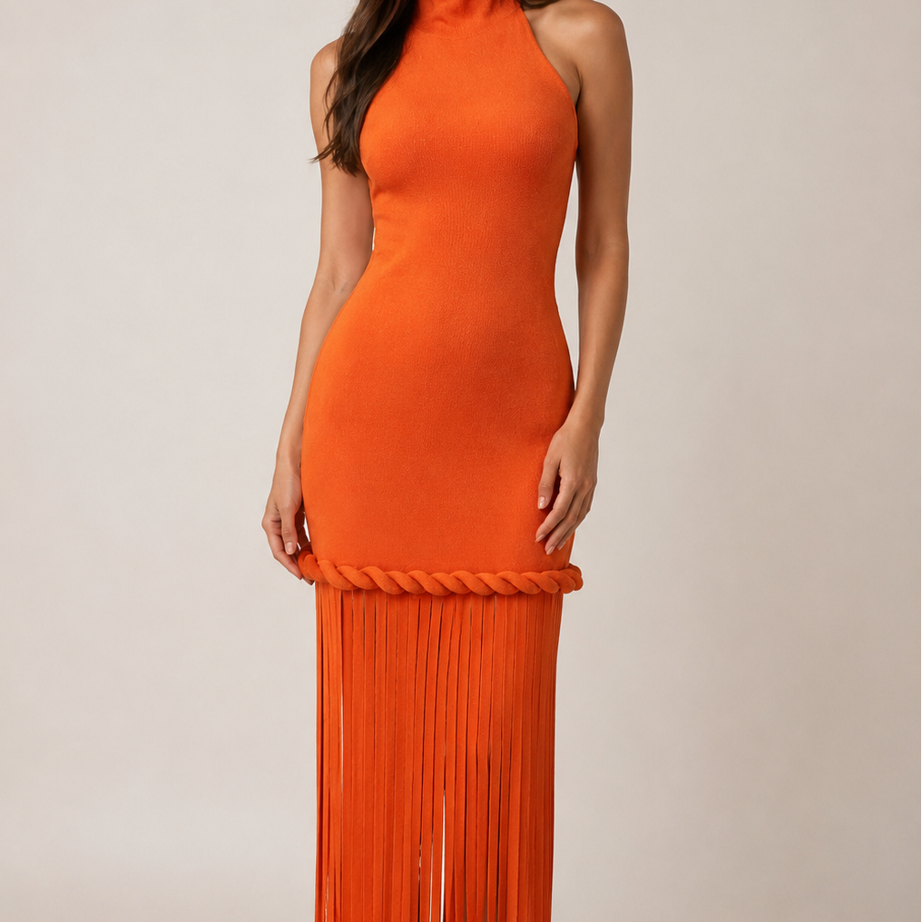 Jessica Bara Sani Fringe Halter Maxi Dress