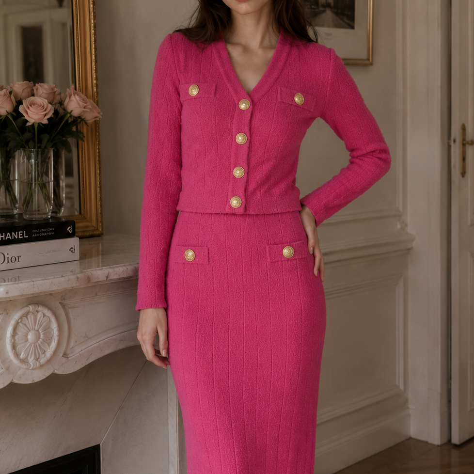 Jessica Bara Alesandra Gold Button Cardigan Top and Midi Skirt Two Piece Set