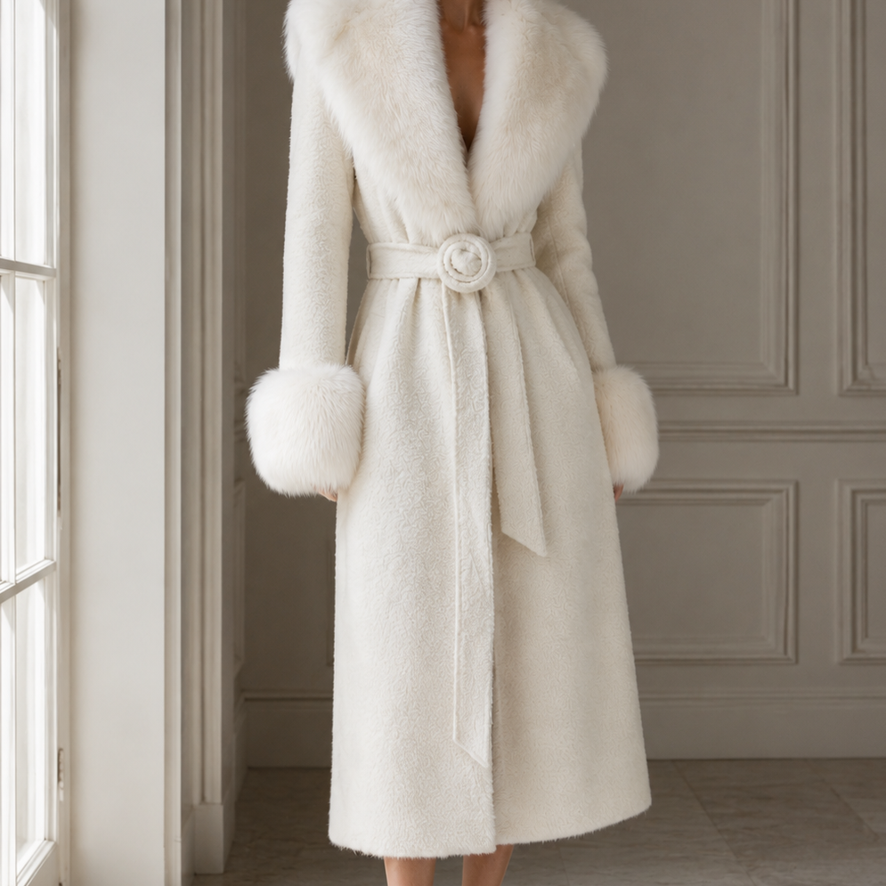 Jessica Bara Azelda Fur Flower Belted Long Coat