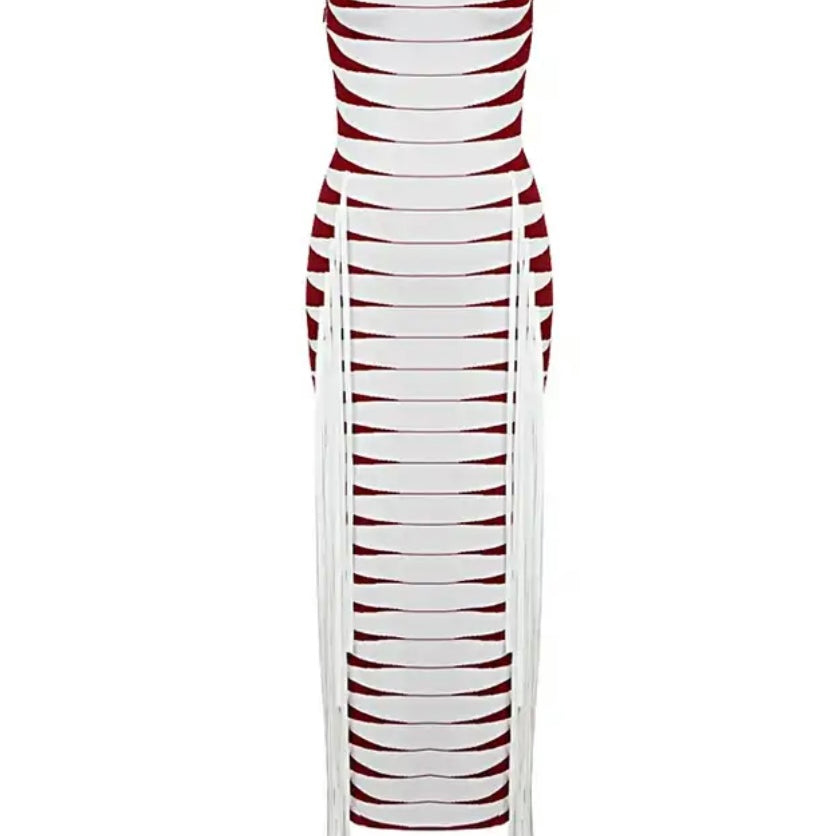 Jessica Bara Caia Sleeveless Bandage Fringe Maxi Dress