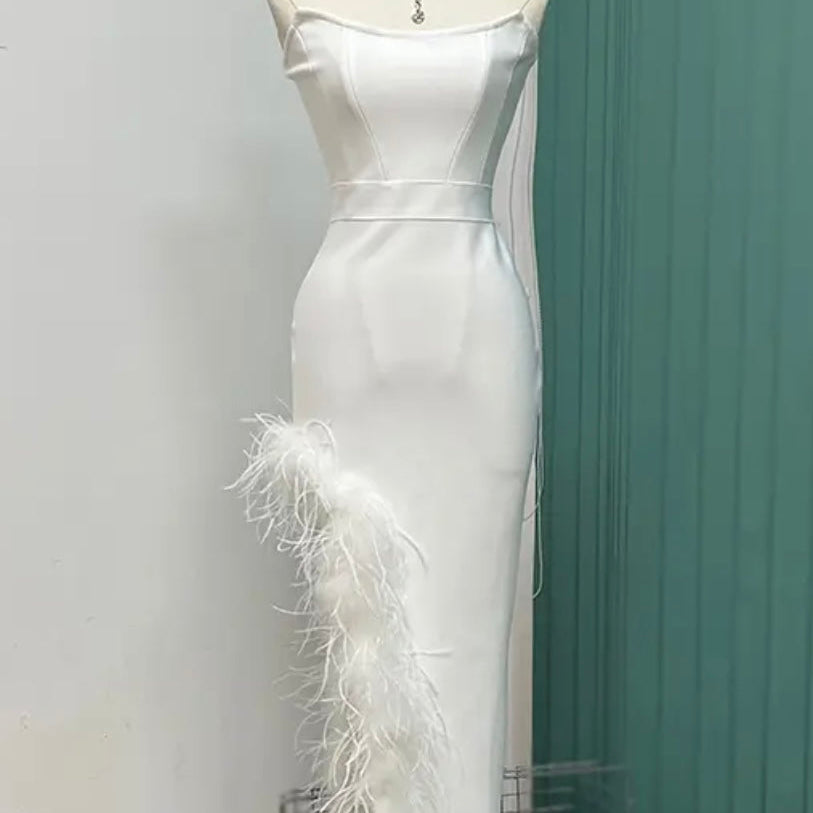 Jessica Bara Caleigh Strapless Tube Feather Bandage Midi Dress