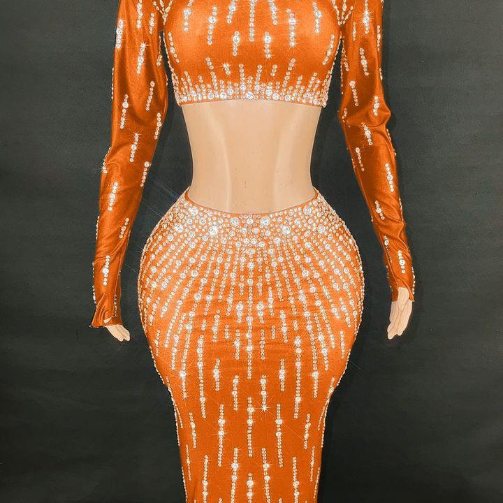 Jessica Bara Cassidy Crystal Long Sleeve Crop Top and Maxi Skirt Two Piece Set
