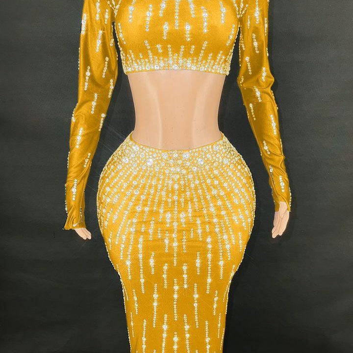 Jessica Bara Cassidy Crystal Long Sleeve Crop Top and Maxi Skirt Two Piece Set