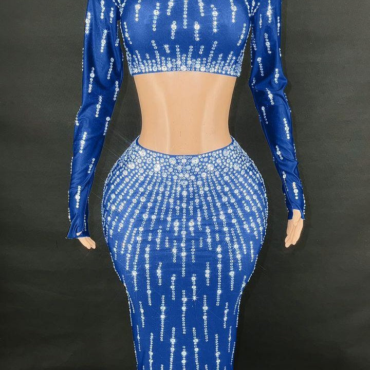 Jessica Bara Cassidy Crystal Long Sleeve Crop Top and Maxi Skirt Two Piece Set