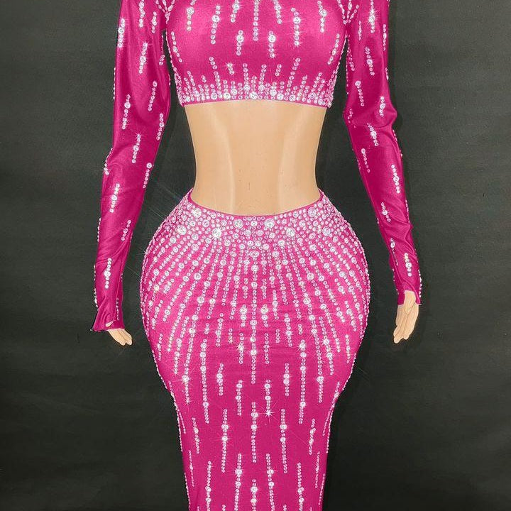 Jessica Bara Cassidy Crystal Long Sleeve Crop Top and Maxi Skirt Two Piece Set