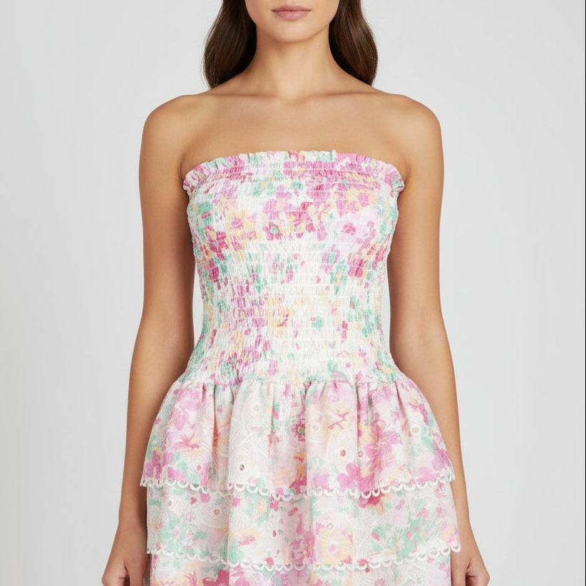 Jessica Bara Penelope Printed Strapless Tube Ruffle Mini Dress