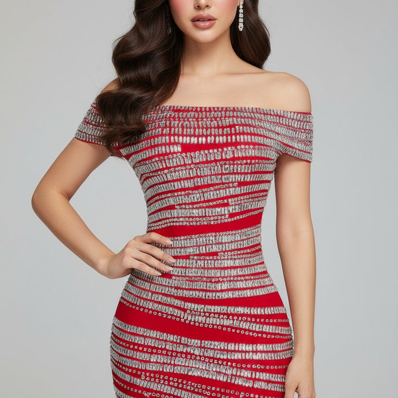 Jessica Bara Jona Off The Shoulder Rhinestone Mini Dress