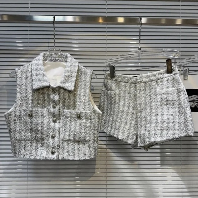 Jessica Bara Maristelle Tweed Button Collared Top And Shorts Two Piece Set