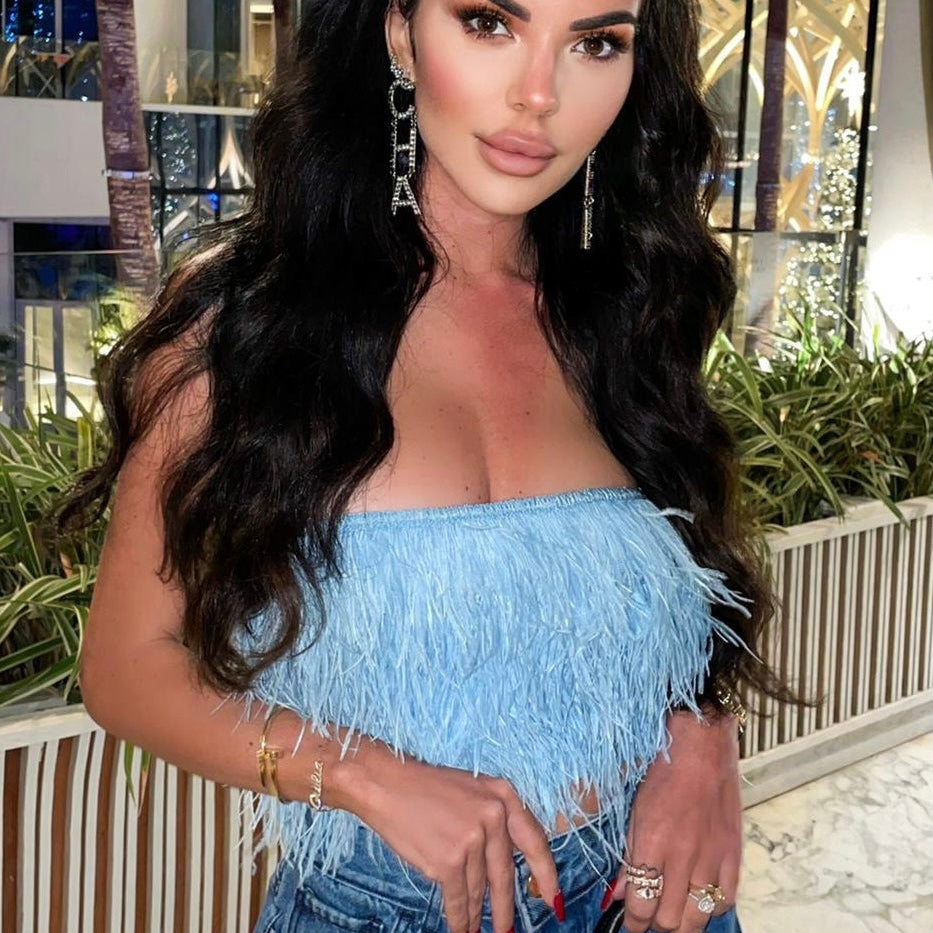 Jessica Bara Casper Strapless Tube Feather Crop Top