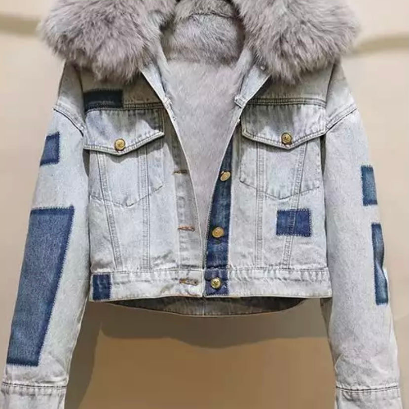 Jessica Bara Grover Denim and Fur Coat
