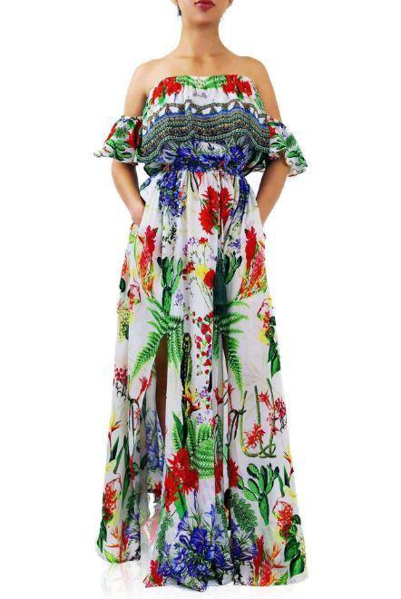 All Dresses - Shahida Parides White And Green Cactus Print Off The Shoulder Maxi Dress