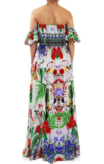 All Dresses - Shahida Parides White And Green Cactus Print Off The Shoulder Maxi Dress