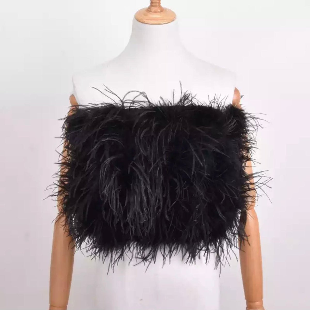 Jessica Bara Casper Strapless Tube Feather Crop Top