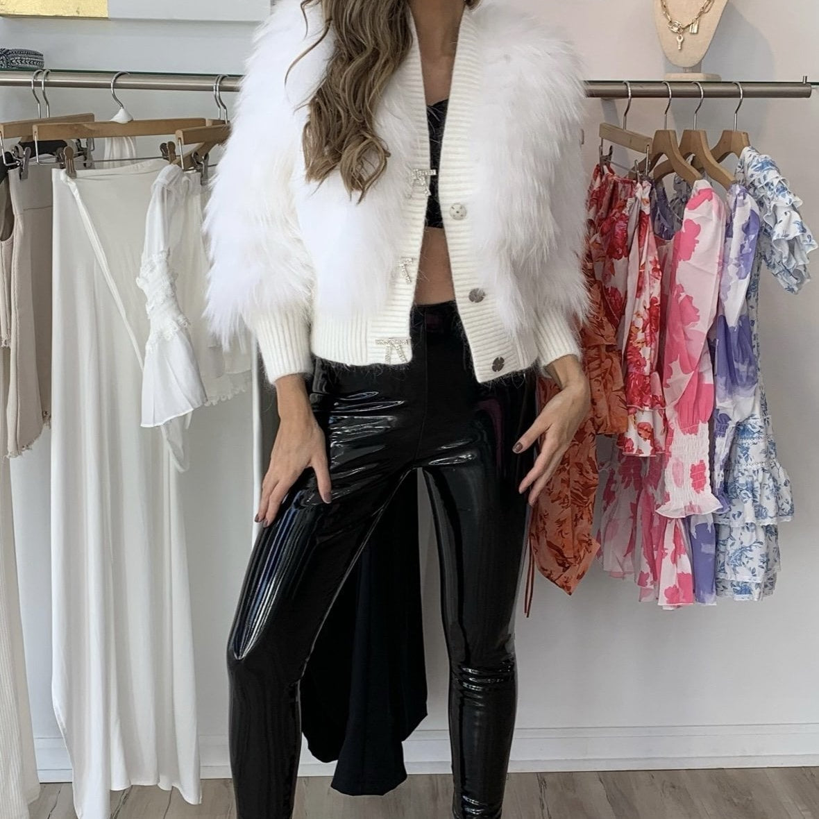 Jessica Bara Dolores Bow Button Fur Coat