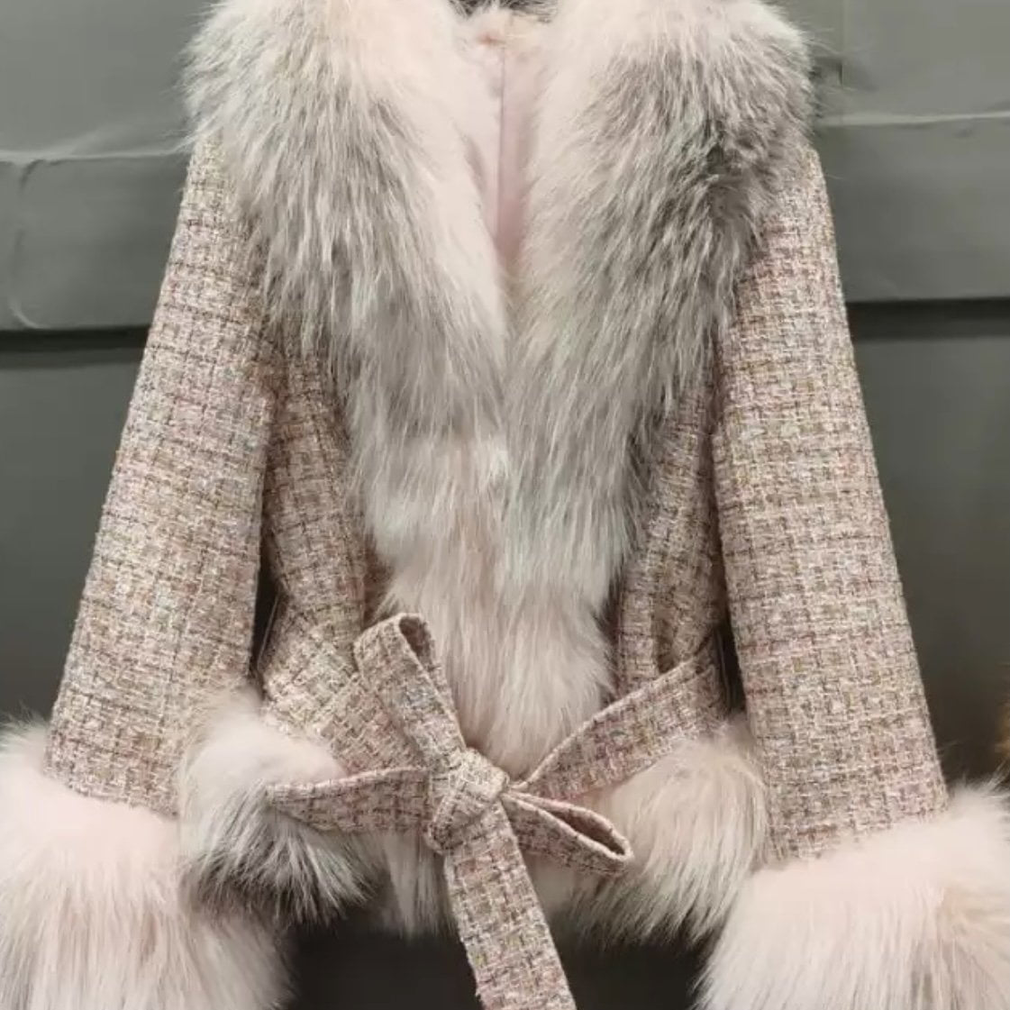 Jessica Bara Shaliyah Fur and Tweed Belted Coat