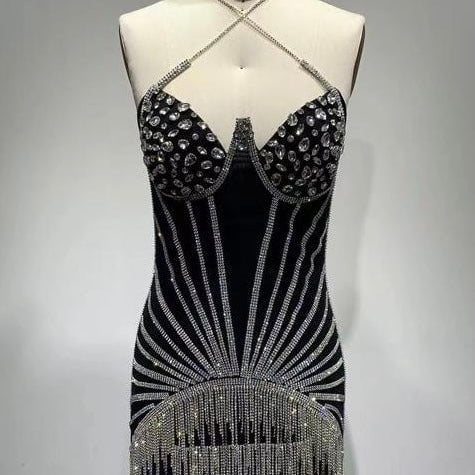Jessica Bara Alpha 2 Halter Crystal Mesh Mini Dress