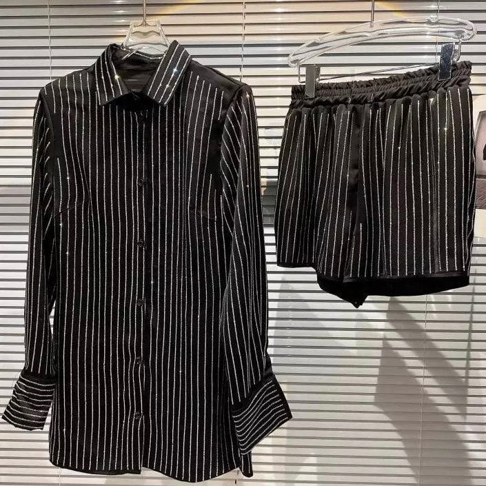 Jessica Bara Clyde Pinstripe Blouse and Shorts Two Piece Set