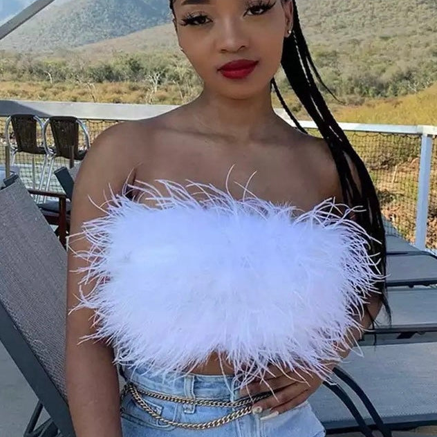 Jessica Bara Casper Strapless Tube Feather Crop Top