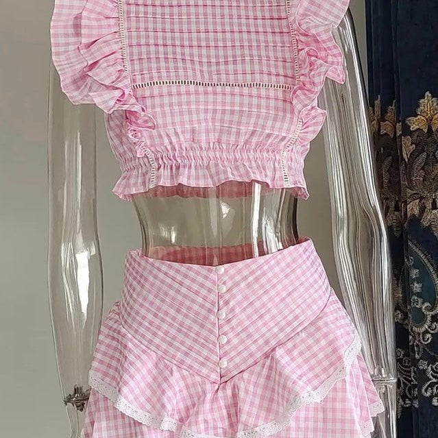 Jessica Bara Lillia Gingham Ruffle Top and Shorts Two Piece Set
