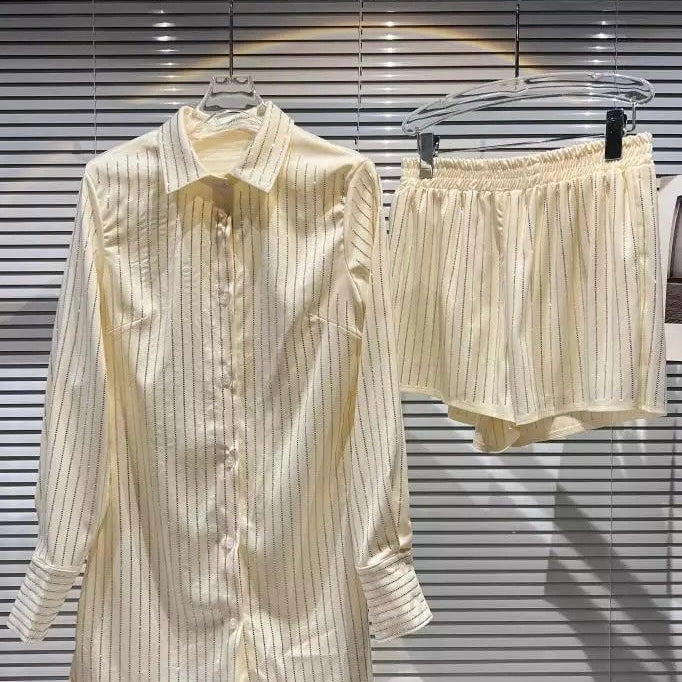 Jessica Bara Clyde Pinstripe Blouse and Shorts Two Piece Set