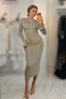 Jessica Bara Fity Gold Button Long Sleeve Midi Dress