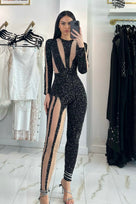 Jessica Bara Sorav Long Sleeve Crystal Cut Out Jumpsuit