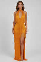 Jessica Bara Reesia Crystal Fringe Cut Out Slit Maxi Dress