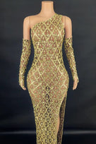 Jessica Bara Xenon One Shoulder Crystal Slit Maxi Dress With Gloves