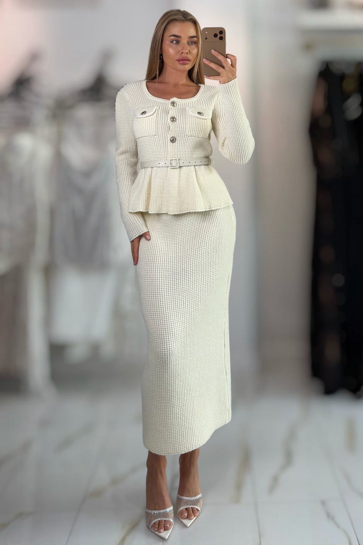 Jessica Bara Shavida Gold Button Long Sleeve Belted Top and Maxi Skirt Two Piece Set