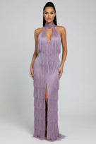 Jessica Bara Reesia Crystal Fringe Cut Out Slit Maxi Dress