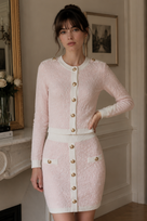 Jessica Bara Rushana Gold Button Long Sleeve Cardigan Top and Mini Skirt Two Piece Set